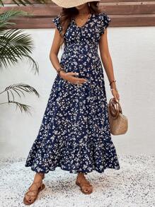 SHEIN 孕妇度假风碎花V领短袖连衣裙 - 藏蓝色 - 查看 4