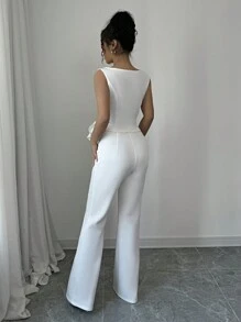 Elenzga Conjunto de top sin mangas y pantalones de pierna ancha, en color blanco elegante, con un ajuste delgado y favorecedor, un conjunto de moda