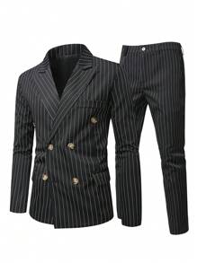 Manfinity Mode Plus Size Men's Striped Lapel Collar Double-Breasted Jacket And Pants, Business Suit Set