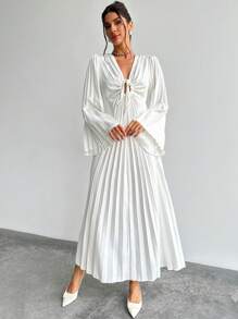 Firerie Valentinstag Damen V-Ausschnitt Zugband plissiertes Weitausschwingendes-Ärmel tailliertes langes weißes Kleid, elegantes minimalistisches Design für den Alltag, Dates, Partys, romantische Anlässe, Herbst/Winter/Frühling, weißes Abschlussballkleid - Weiss - Übersicht 4