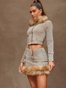 Denimoi 毛皮饰边拉链牛仔半身裙简约时尚日常休闲 - 棕色 - 查看 5