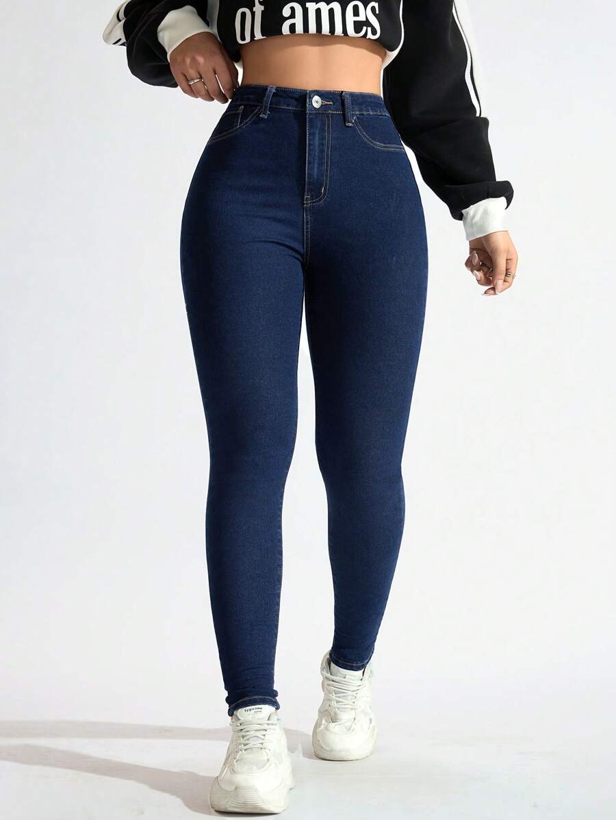 SHEIN ICON 女士休闲紧身牛仔裤，带口袋，百搭