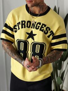 Manfinity Homme Men's Letter & Pentagram Pattern Crew Neck Short Sleeve Knit Top, Spring/Autumn