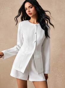 Poéselle Conjuntos de dos piezas para mujer con bolsillos. Conjunto de dos piezas de top de manga larga con botones delanteros, bolsillos y pantalones cortos de color liso para mujer. Conjunto blanco para mujer. Conjuntos para mujer. Ropa para mujer. Pantalones cortos blancos de manga larga para mujer. Conjuntos de invierno para mujer. Conjuntos de invierno para mujer. Conjuntos de dos piezas para mujer para Año Nuevo y San Valentín.