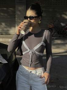 DAZY Lace Panel 2 In 1 Long Sleeve T-Shirt For Women, Spring,Fall Women Clothes - Grey - View 3