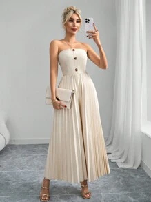 SHEIN Clasi Women's Elegant Pleated Strapless Apricot Color Wide Leg Long Jumpsuit, Fashion Streetwear For Vacation Outfits Woman Summer Outfits For Women Beach Outfits For Woman Mardi Gras  Beach Vacation Wear  BohoJumpsuit Women Western Wear Women Festival  Old Money