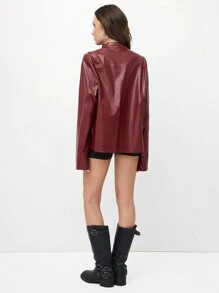Flirla Chaqueta casual holgada de mujer con diseño de cremallera en piel roja retro