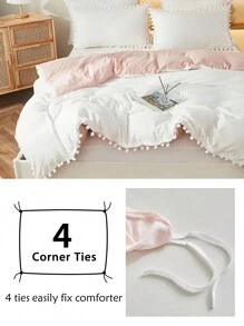 Juego de ropa de cama de 2/3 piezas con funda nórdica de color rosa y blanco con borlas de pompones, juego de ropa de cama de unicolor moderno y lindo para todas las estaciones, juego de ropa de cama para dormitorios universitarios, suave y transpirable (1 funda nórdica + 1/2 fundas de almohada, sin relleno)