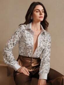 Anewsta Blusa superior de malla hueca brillante con lentejuelas sexy de color granate, para uso en fiestas