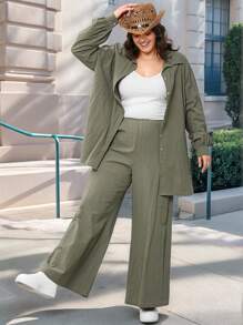 SHEIN LUNE Plus Size Solid Color Button Up Long Sleeve Top And Pants 2 Pieces Set, Casual - Green - View 1