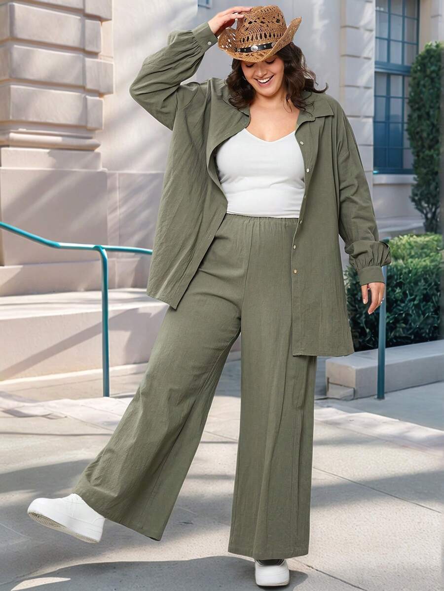SHEIN LUNE Plus Size Solid Color Button Up Long Sleeve Top And Pants 2 Pieces Set, Casual - Green - View 1