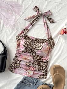 Soleia Women's Halter Tie-Up Side Ruched Leopard Floral Print Cami Top, Suitable For Vacation - Multicolor - View 3