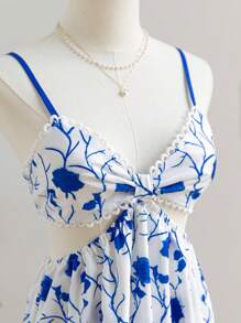 Soleia Women's Floral Print Sleeveless Dress, Suitable For Vacation - Blue and White - View 7