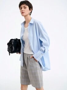 SHEIN Clasi 女士简约纯色优雅休闲商务舒适宽松插肩长袖衬衫，春秋 - 淺藍色 - 查看 5