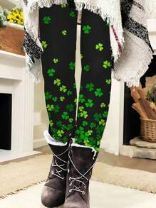 SHEIN LUNE Plus Size Women's Random Four-Leaf Clover Leaf Print Tight Leggings, Stretch Workout Pants For Autumn/Spring - Black - View 1