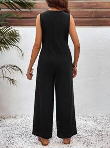 SHEIN Pregnant Women Solid Button Half-Placket Casual Wide Leg Nursing Jumpsuit - Black - View 2