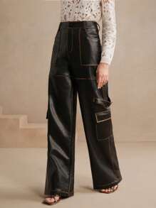 Anewsta Quần da PU Cargo cổ điển thời trang dành cho nữ Maillard - màu đen - Xem 3