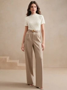 Anewsta Spring, Elegant, Casual Women's Knitted Texture Wrinkle Versatile Apricot Short Sleeved T-Shirt