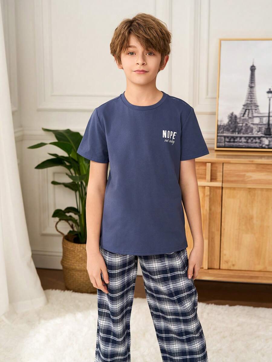 SHEIN Tween Boys Letter Print Crew Neck Short Sleeve T-Shirt And Plaid Pants Casual Pajama Set Teen Boy Clothes Teen Boys Sets Boy Set Clothes Boy Clothes 14 - Dusty Blue - View 1