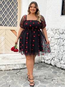 SHEIN CURVE+ CURVE PLUS /Valentine's Day/Curve Plus Embroidered Doll Mesh Dress, Red, Heart-Shaped, Valentine's Day, Fluffy Skirt, Princess Dress. Party Valentine's Day, Romantic Valentine's Day - Blue - View 6