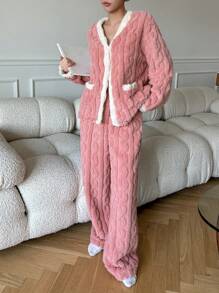 DAZY 2pcs Textured Flannel Patchwork Design Casual Loose Pajama Set,Thermal Lined - Pink - View 5