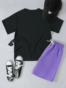 SHEIN 2pcs/Set Teenage Boys Fashion Black T-Shirt And Purple Shorts, Casual Outfit, School, Campus, College - Black - View 2