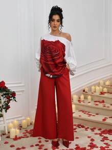 Allurite Vrouwen Elegante Bloemen Lantaarn Mouw Schouder Top En Effen Kleur Broek 2-delig Pak