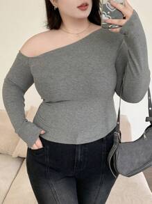 Dazy Plus 纯色修身露肩长袖T恤，春夏秋装