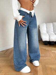 SHEIN PETITE CURVE Plus Size Women's Retro Blue Jeans With Collar Design And Elastic Waist, Loose Straight Leg Summer,Vacation Woman,Easter,Spring,Western,Office For Women,Rave,Baby Shower ,Cottagecore,Country Women,Old Money Style Women,Going Out,Festival,Rodeo,Airport For Women,Kpop,Tropical Vacation Woman,Nashville - Blue - View 5