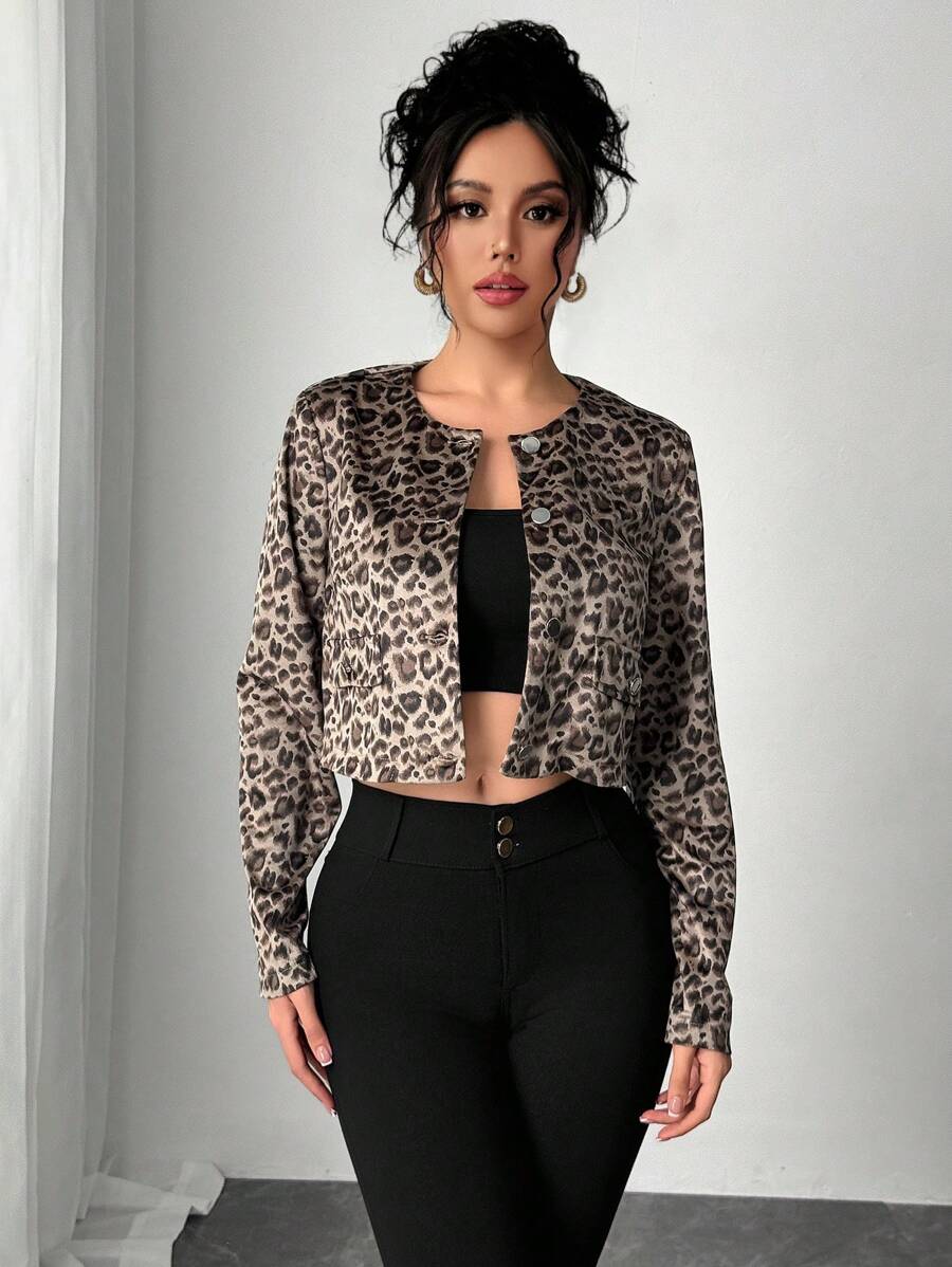 Chiquease Vintage Leopard Print Round Neck Single-Breasted Jacket - Brown - View 1