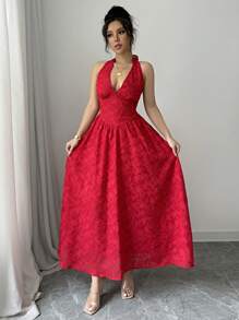 SHEIN Raffinéa 女士优雅纯色花卉印花挂脖长裙 - 紅色 - 查看 5