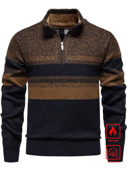 Manfinity Mode Plus Size Men Casual Contrast Color Patchwork Thick Warm Thermal Lined Sweater, Autumn/Winter, Long Sleeve Top