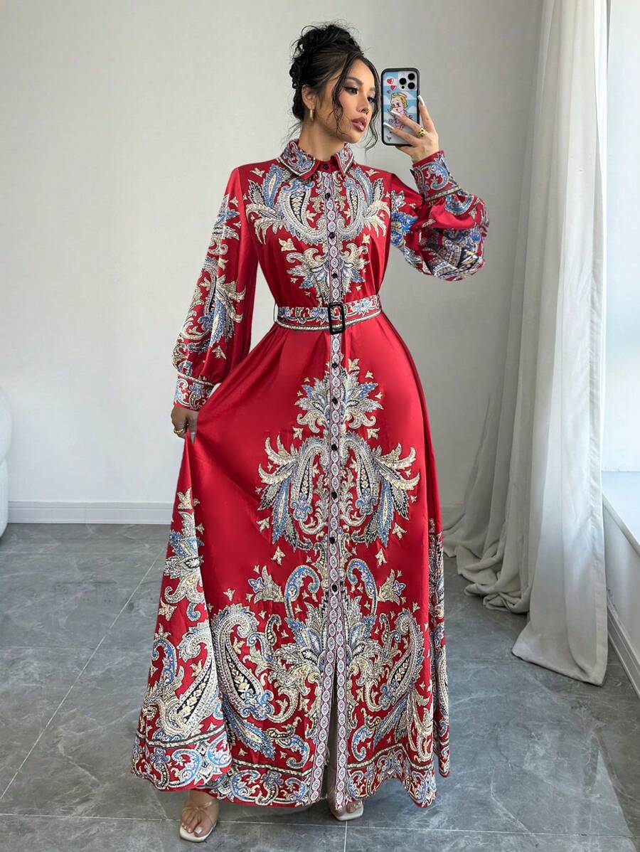 Calvaya Robe chemise maxi imprimée élégante de style vintage pour femmes
