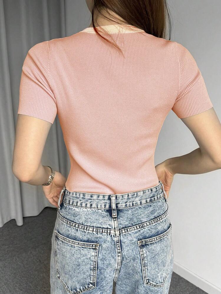 Women'sContrastColorBlock Round Neck Fitted Short Sleeve Knit Top,Pink,Spring/Summer