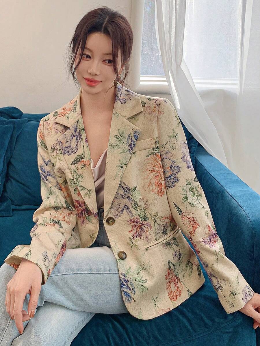 DAZY Floral Print Loose Casual Blazer, Minimalist Fashion Everyday Wear ...