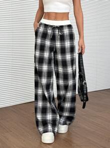 Comfortcana 女士格子系腰阔腿宽松休闲裤 - 黑與白 - 查看 4