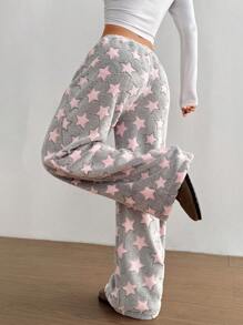 Flirla Christmas New Plush Print Comfortable Women Loose Straight Leg Pants