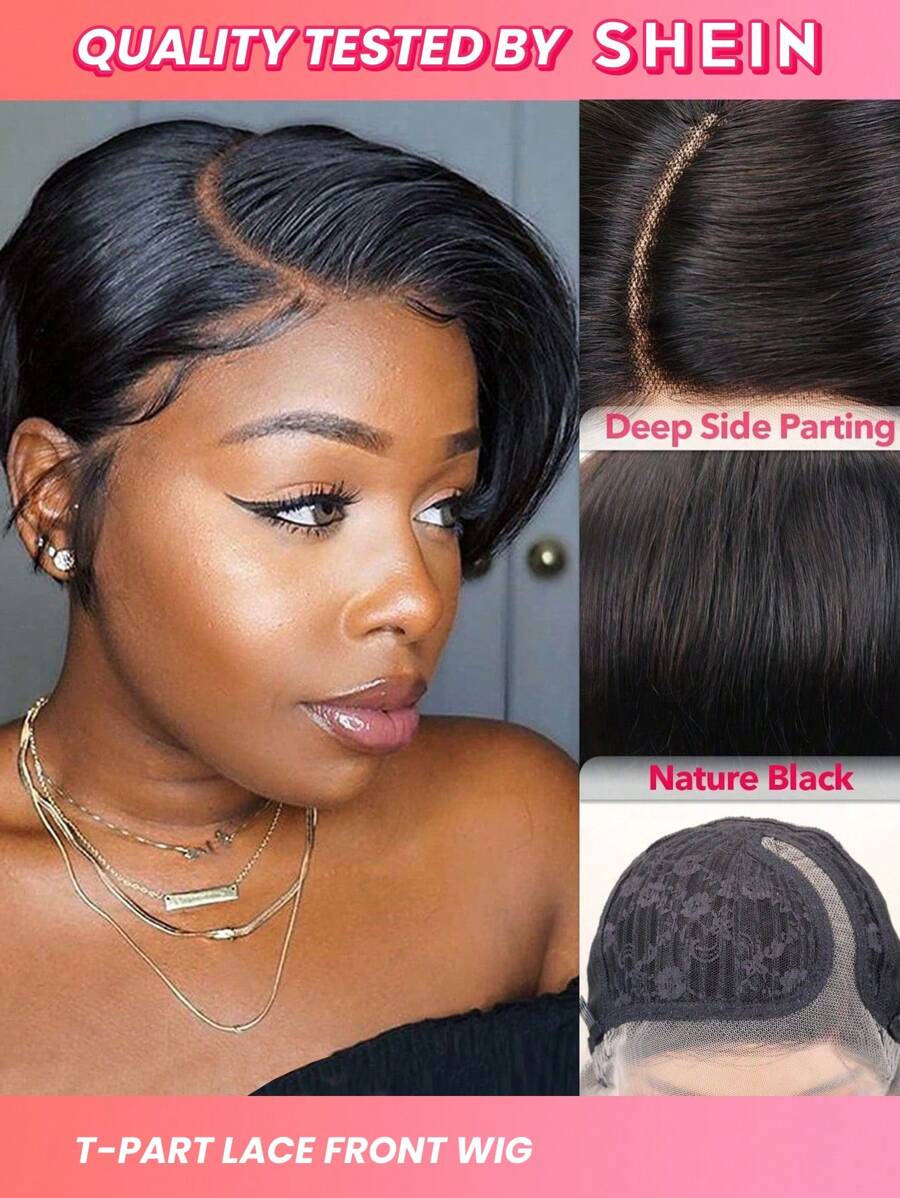 Ngắn Thẳng PIXIE Cắt Glueless Tóc Tóc Giả Bên Phần T Phần Ren Mặt Trước Trước Nhổ Tóc Tóc Giả Màu Sắc Tự Nhiên - SNatural - Xem 1