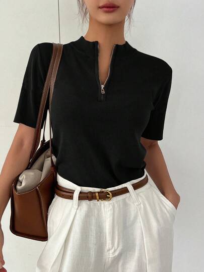 Dazy-Less Women Business Casual Stand Collar Half-Placket Short Sleeve Pullover Knitwear Top