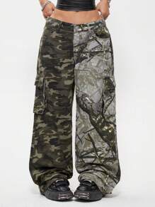 SHEIN EZwear 女士春夏基本款迷彩中腰牛仔裤，适合狂欢节服装 - 軍綠色 - 查看 5