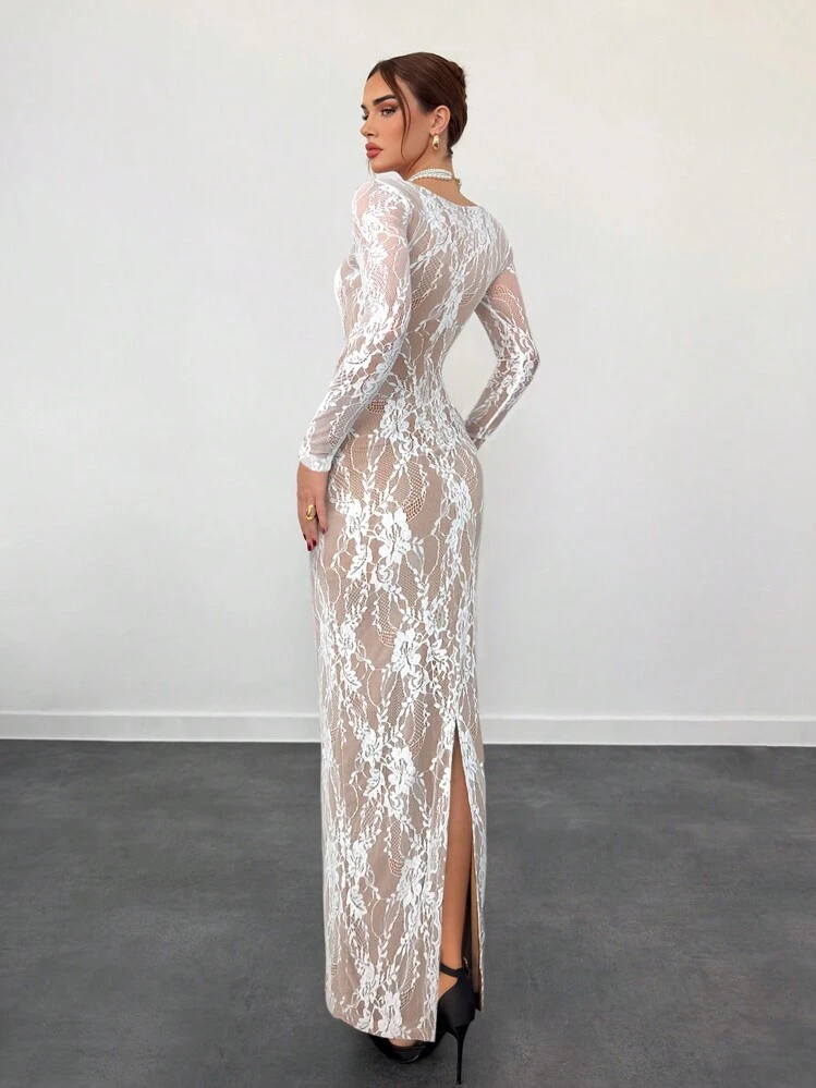 Aloruh Vestido Longo de Malha Tomara-Que-Caia Sexy com Mangas Longas de Renda em Formato de S, Ajustado, para Festa, Encontro à Noite, Ocasião da Noite, Outono/Inverno Feminino - Branco - Visão 4