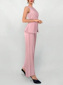 Aloruh Bộ đồ đi làm mùa thu/đông cho nữ - Áo khoác kaki cổ thuyền có túi giả và quần âu 2 món - Hồng - Xem 6