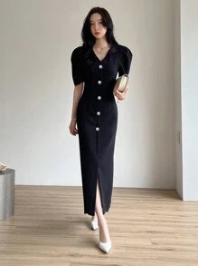 DAZY Đầm maxi nữ màu trơn cổ chữ V tay ngắn dáng ôm, kiểu tay phồng, thích hợp cho mùa xuân/hè. - màu đen - Xem 5