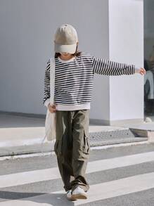 Ensemble de tenue d'automne pour ados filles, style de rue décontracté: sweat-shirt ample rayé style chauve-souris et pantalon cargo à taille élastique et jambes larges de couleur unie