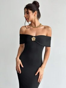 Firerie 优雅金属装饰露肩紧身美人鱼长裙，浪漫约会和日常穿着，节日/春季/夏季 - 黑色 - 查看 8