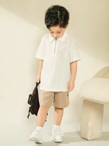 SHEIN 年轻男孩休闲纯白色短袖常规拉链上衣，适合春夏日常穿着