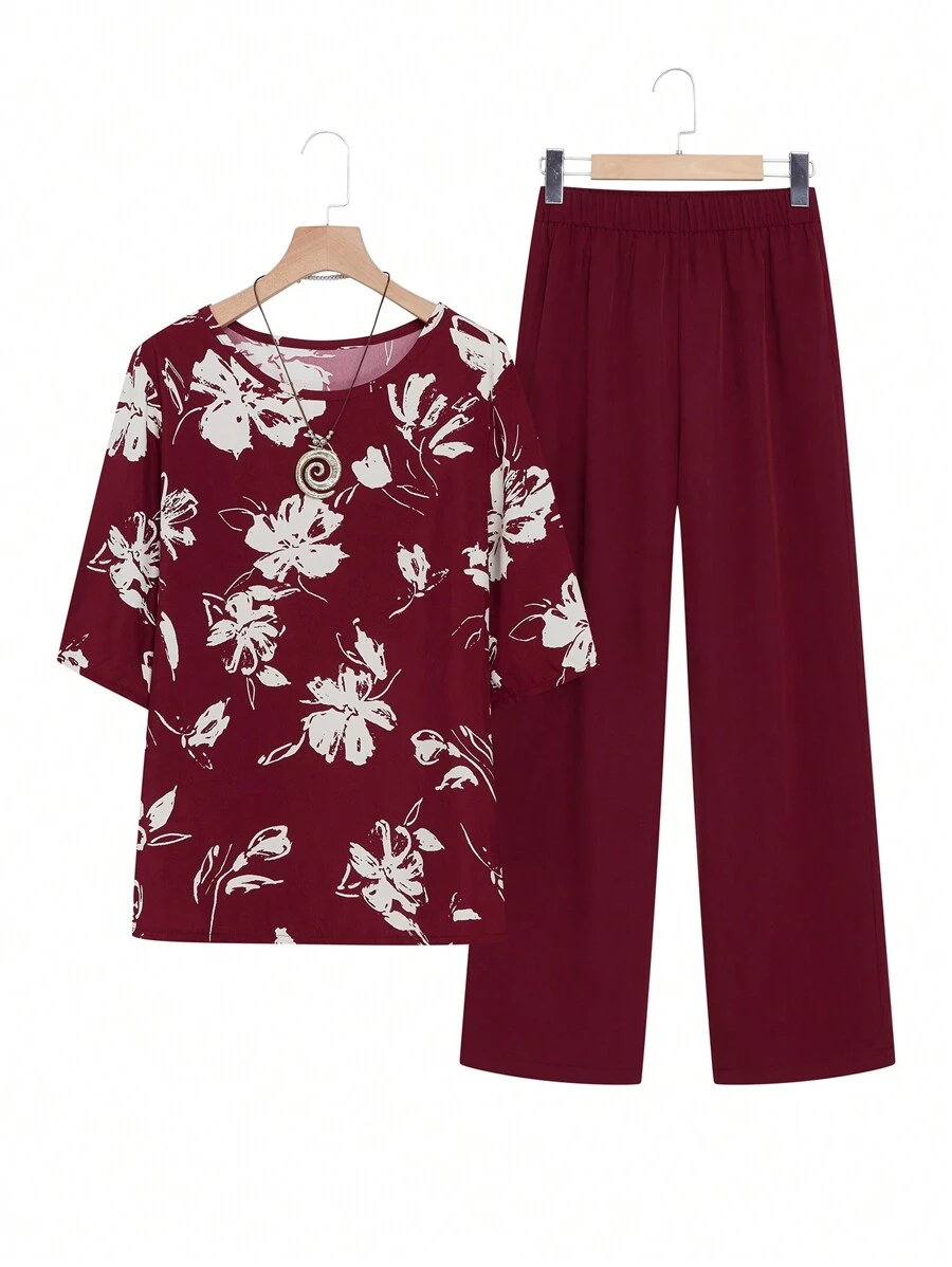 EMERY ROSE 2pcs Women Floral Print Round Neck Short Sleeve Top And Pants Set