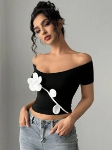 Firerie 节日和假期优雅撞色 3D 花卉露肩 V 领短袖紧身 T 恤，工作和度假时尚，春夏