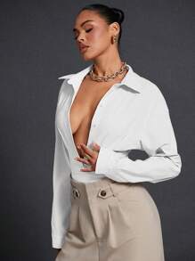 Hauture Button Down Collar Seam Detail Long Sleeve Bodysuit