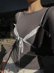 DAZY Lace Panel 2 In 1 Long Sleeve T-Shirt For Women, Spring,Fall Women Clothes - Grey - View 1